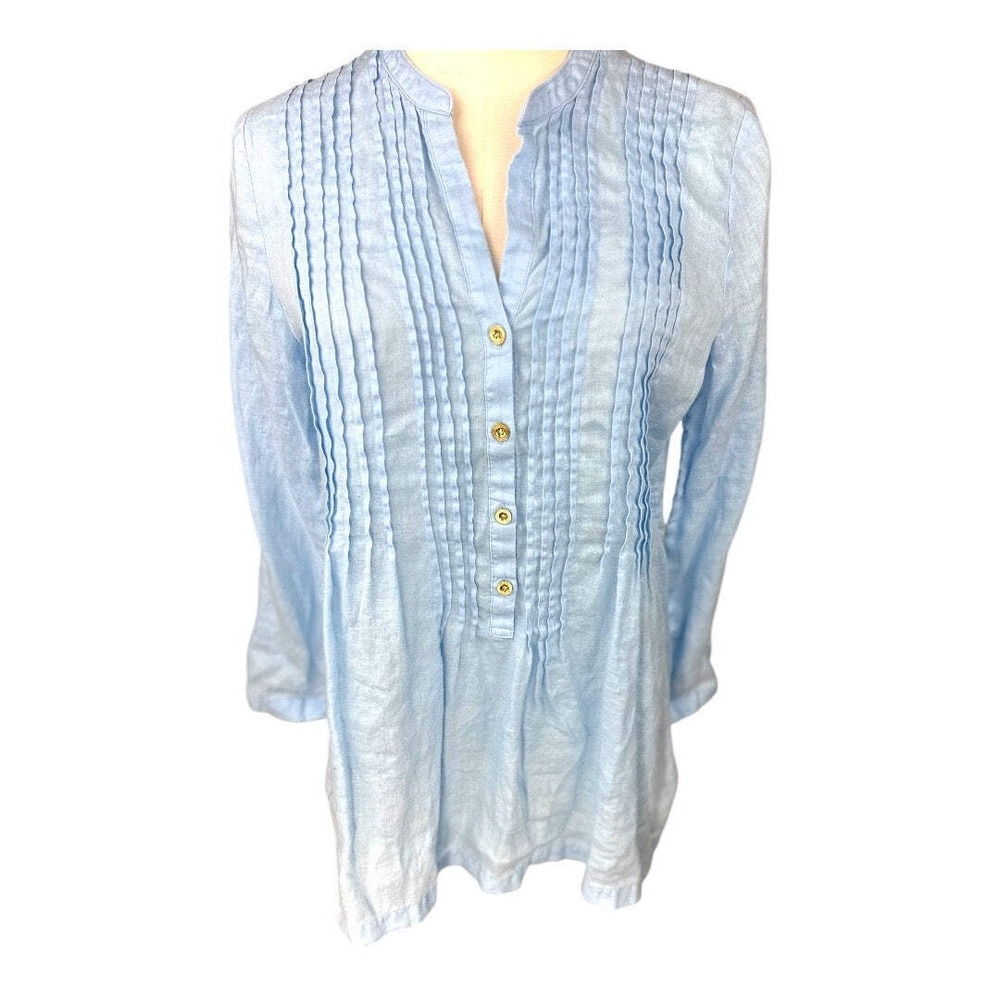 Lilly Pulitzer  Blue 100% Linen Pintuck Pleated Tunic Blouse XSmall